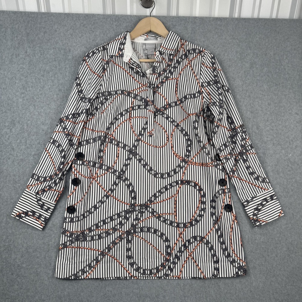 Chicos Top Womens‎ 00 / XS White Striped Chain Print No Iron Stretch NEW $109